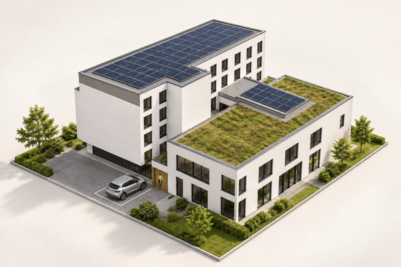 Mehrgeschossiger Gebäudekomplex mit niedrigerem Anbau, Photovoltaik und begrünten Dachflächen