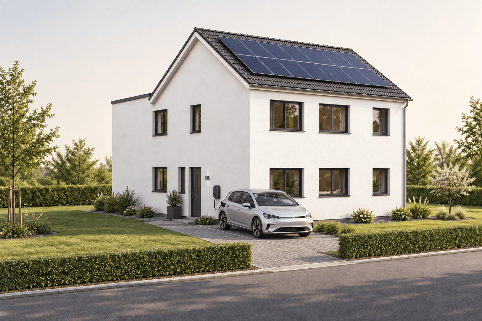Wohnhaus mit Satteldach, Anbau, Photovoltaik und Wallbox